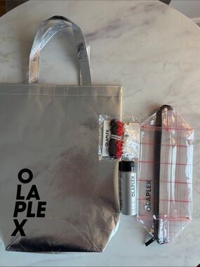 NWT OLAPLEX Beauty Bundle: Silver Tote, Clear Makeup Bag, Scrunchies & Hairspray